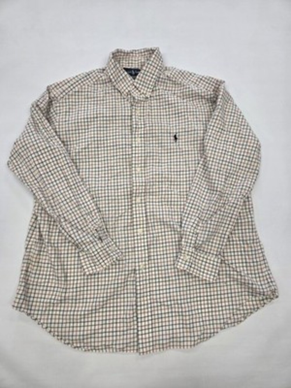 Polo Ralph Lauren Mens Shirt Button Down Beige Tan Gingham  Plaid Classic Fit XL